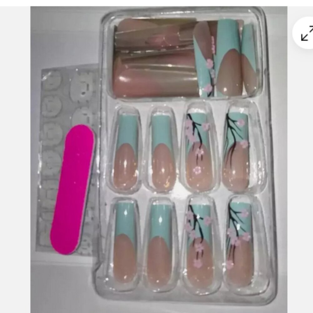24 Pcs Long Square Cherry Blossom Floral 3D Green French Tip Press On Nails NIB - Picture 9 of 11